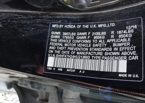 2017 Honda Civic Lx z USA, uszkodzony, nr VIN SHHFK7H24HU213693